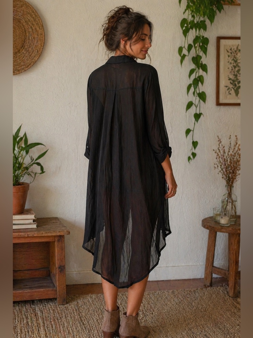 Boho Sheer Black Duster Top • Lightweight Kimono Top Cardigan Size OS NWT - Picture 2 of 8